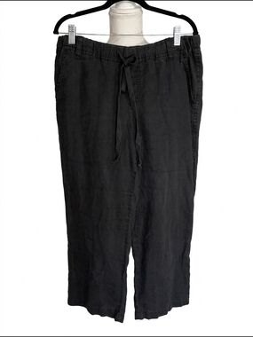 Allen Allen‎ Large Black Drawstring Linen Blend Pants Cropped Wide Leg